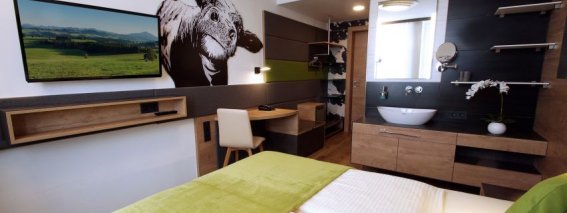 Das Zimmer hat ein Bett, einen Schreibtisch und eine Wandmalerei. Es gibt einen Fernseher und das Bad ist modern.