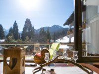 Das Fenster zeigt die Berge und die Natur. Es ist Tag und die Sonne scheint. Ein Tisch steht im Raum.