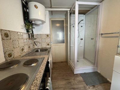 Küche und Dusche (Ferienhütte)