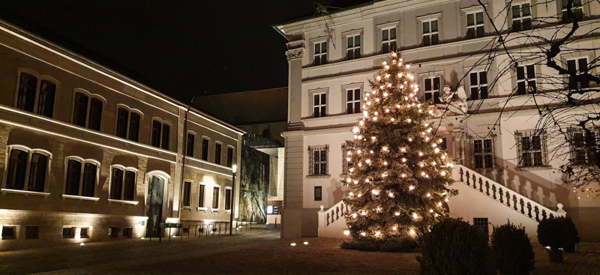 Christbaum vor dem Iphöfer Rathaus