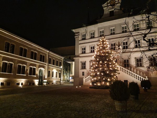 Christbaum vor dem Iphöfer Rathaus