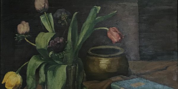Adolf Martin: Stillleben mit Tulpen und Büchern, 1930, Öl auf Leinwand, 48 x 57 cm