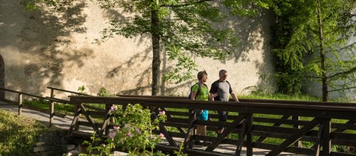 Wanderer überqueren das Käsbrückle im Kurpark Isny