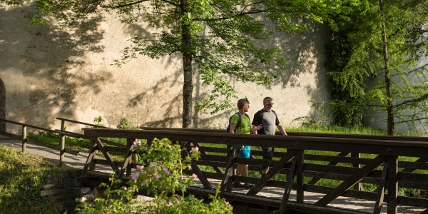 Wanderer überqueren das Käsbrückle im Kurpark Isny