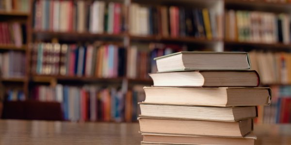 Literatur in Isny: ein Buchstapel in der Bücherei