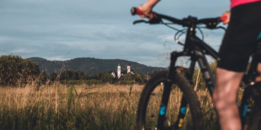 Die Stadtsilhouette von Isny im Blick  Radfahren in den Bodenmösern Foto: Lars Schmucker