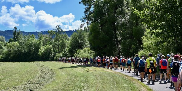 Eine große Gruppe von Menschen wandert auf einem befestigten Weg durch eine grüne Landschaft unter strahlend blauem Himmel.