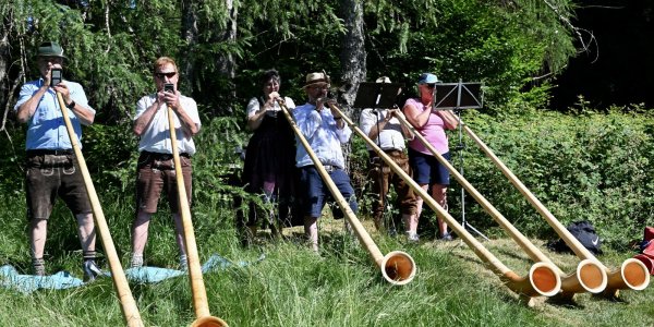 Sechs Musiker stehen im Gras und spielen mit dem Alphorn in der sonnigen Umgebung der Schletteralpe.