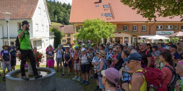 Eine große Gruppe von Wanderern versammelt sich im Freien, um dem Adelegg Ranger aufmerksam zuzuhören.