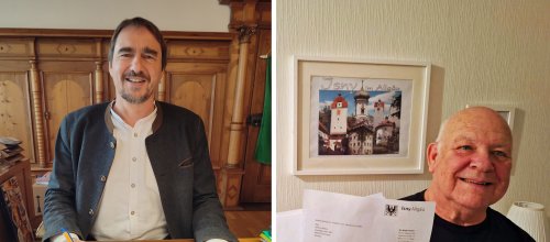 Bürgermeister Rainer Magenreuter unterschreibt den Jahresbrief an Johnny Walker - der frühere Isnyer, der inzwischen in Norwegen lebt, freut sich über die Post aus der Allgäustadt. Fotos: Stadt Isny/Privat