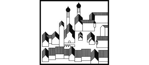 Piktogramm von Otl Aicher: Isny mit Wassertor, Nikolaikirche und St. Georg und Jakobus