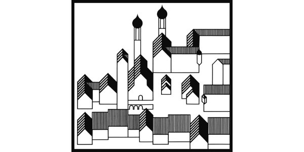 Piktogramm von Otl Aicher: Isny mit Wassertor, Nikolaikirche und St. Georg und Jakobus