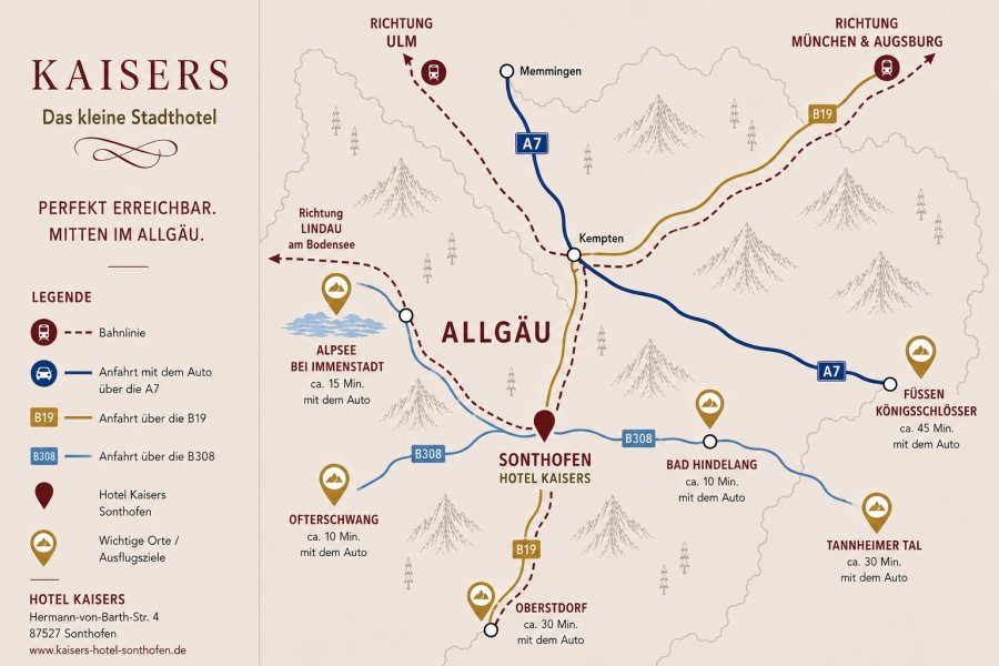 Das Hotel Kaiser liegt in Sonthofen im Allgäu. Die Karte zeigt die Straßen und die Anfahrt.