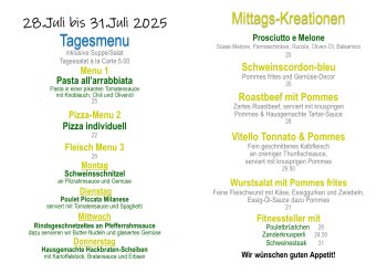 Tagesmenu 28.Juli bis 31.Juli 2025