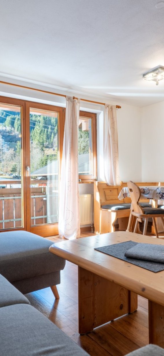 In einem Ferienhaus gibt es einen Wohnraum mit Couch, Tisch und Stühlen. Draußen sind Fenster mit Blick auf die Natur.
