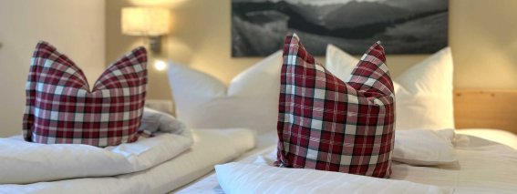 Kissen auf einem Bett in einem Schlafzimmer In einem Schlafzimmer liegen zwei Kissen auf einem Bett. Die Kissen haben ein kariertes Muster. Es ist hell und freundlich.