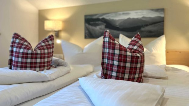 Kissen auf einem Bett in einem Schlafzimmer In einem Schlafzimmer liegen zwei Kissen auf einem Bett. Die Kissen haben ein kariertes Muster. Es ist hell und freundlich.