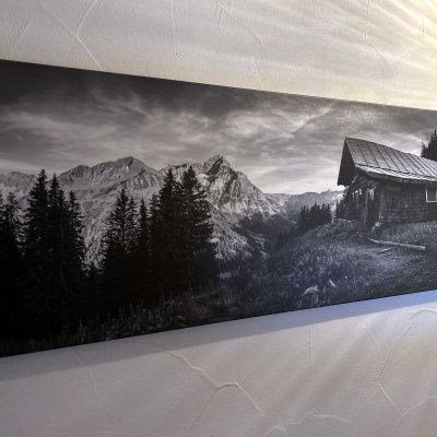 Das Bild zeigt ein Blockhaus in den Bergen mit vielen Bäumen. Die Landschaft ist rau und die Berge sind hoch.