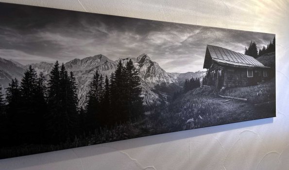 Das Bild zeigt ein Blockhaus in den Bergen mit vielen Bäumen. Die Landschaft ist rau und die Berge sind hoch.