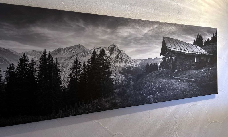 Das Bild zeigt ein Blockhaus in den Bergen mit vielen Bäumen. Die Landschaft ist rau und die Berge sind hoch.