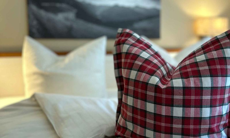 Es gibt ein Bett mit einem karierten Kissen und einem weiteren weißen Kissen im Hintergrund.