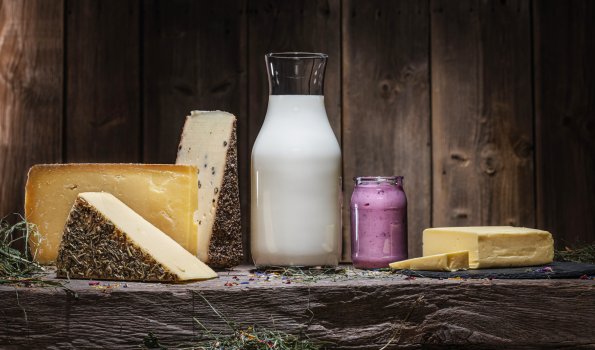 Auf dem Regal stehen verschiedene Käsesorten, ein Glas Milch und ein Glas mit lila Inhalt. Es ist eine rustikale Umgebung.