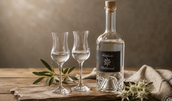 Eine Flasche mit klarer Flüssigkeit steht auf einem Holzbrett. Daneben sind zwei Gläser und dekorative Elemente.