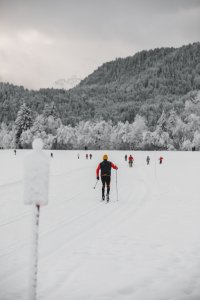 Skifahrer gleiten über eine schneebedeckte Fläche in den Bergen an einem trüben Wintertag.