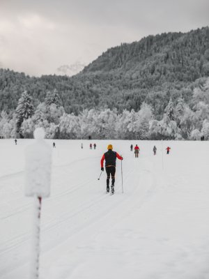 Skifahrer gleiten über eine schneebedeckte Fläche in den Bergen an einem trüben Wintertag.
