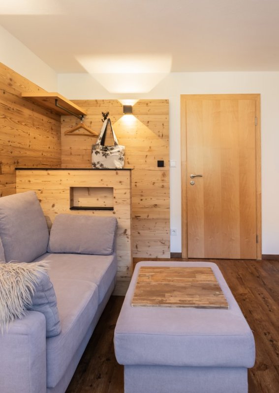 In der Wohnung sind ein graues Sofa, ein Holztisch und ein Fernseher zu sehen. Der Raum hat Holzverkleidung und viel Licht.