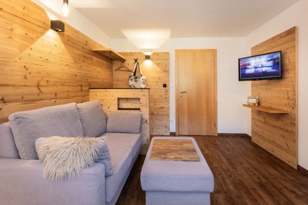 In der Wohnung sind ein graues Sofa, ein Holztisch und ein Fernseher zu sehen. Der Raum hat Holzverkleidung und viel Licht.