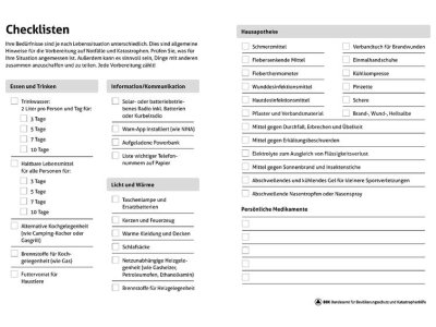 Vorsorgen für Krisen und Katastrophen Checklisten