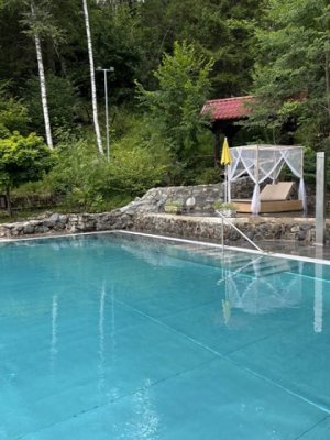 Ein klarer Pool umgeben von Bäumen und einer gemütlichen Liegezone für Entspannung und Freizeit.