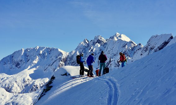 mehrere Tourengeher, bergpanorama, skispur