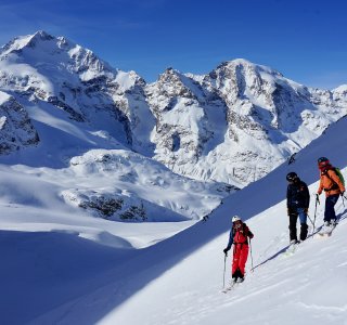 Abfahrt über Morteratsch-Gletscher, Skitour Julierpass, Schweiz