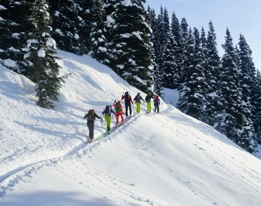 Skitourengruppe im Aufstieg, gute Spur und flaches Gelände