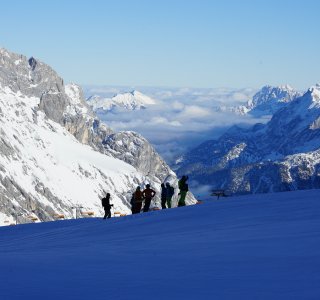 skifahrergruppe, berge, panorama, schnee