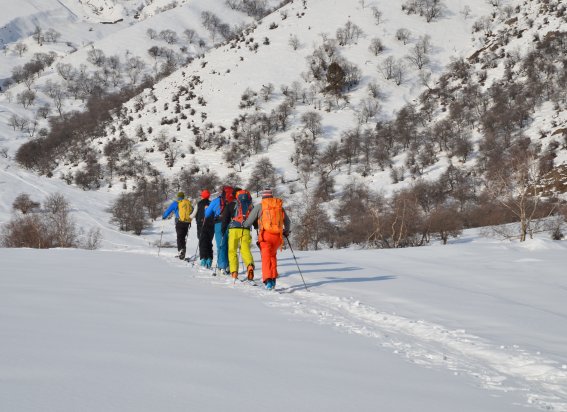 5 er gruppe skitourengeher im aufstieg, kirgistan