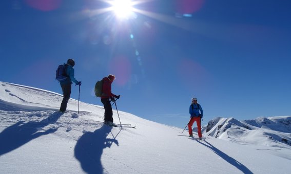 tiefschneekurs, 3 skifahrer, gegenlicht, sonne, schnee