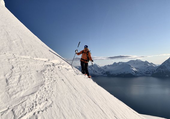 skifahrer, schneehang, meer, eine wolke am horizont