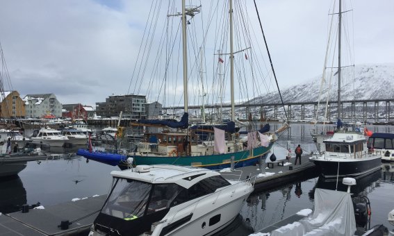 hafenszene, bogenbrücke im hintergrund, tromsø