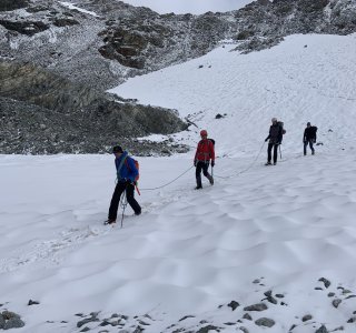 Bergführer mit Gruppe, Abstieg, Gletscher