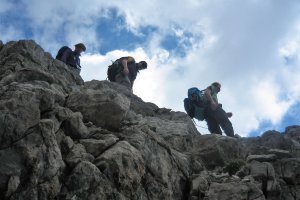 Bergsteiger im Abstieg, Hochvogel, Luitpoldhaus