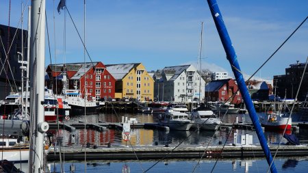 bunte häuserzeile im hafen von tromsø