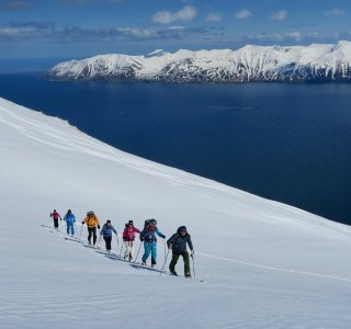 Skitouren Gruppe im aufstieg, meer, berge, schnee