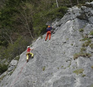 2 kletterer, gelbe hose, felswand, bäume