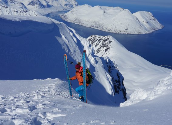 Skibergsteiger, Aufstieg, Ski werden in den Händen getragen