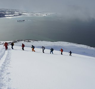 Skitourengruppe im aufstieg, meer, nebel, skispur