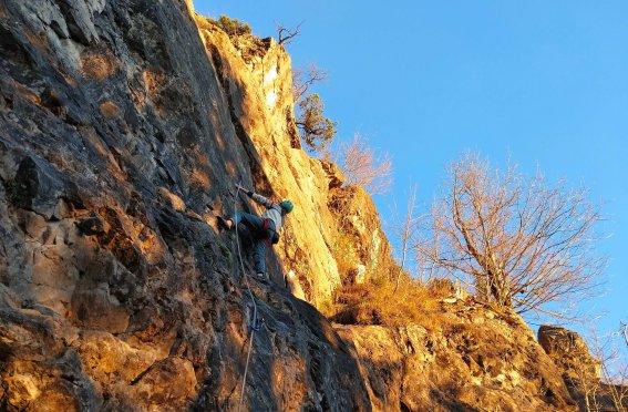 Sonnenuntergang, kletterin, fels
