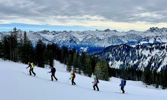 Geführte Skitourengruppe beim Aufstieg im Allgäu, verschneite Berglandschaft, Winterwald und Alpenpanorama im Hintergrund.